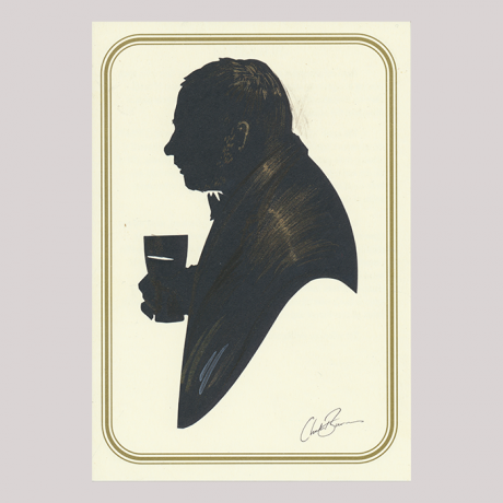 
        Front of silhouette, with man looking left, drinking and wearing a suit with bow tie. In square gilded frame.